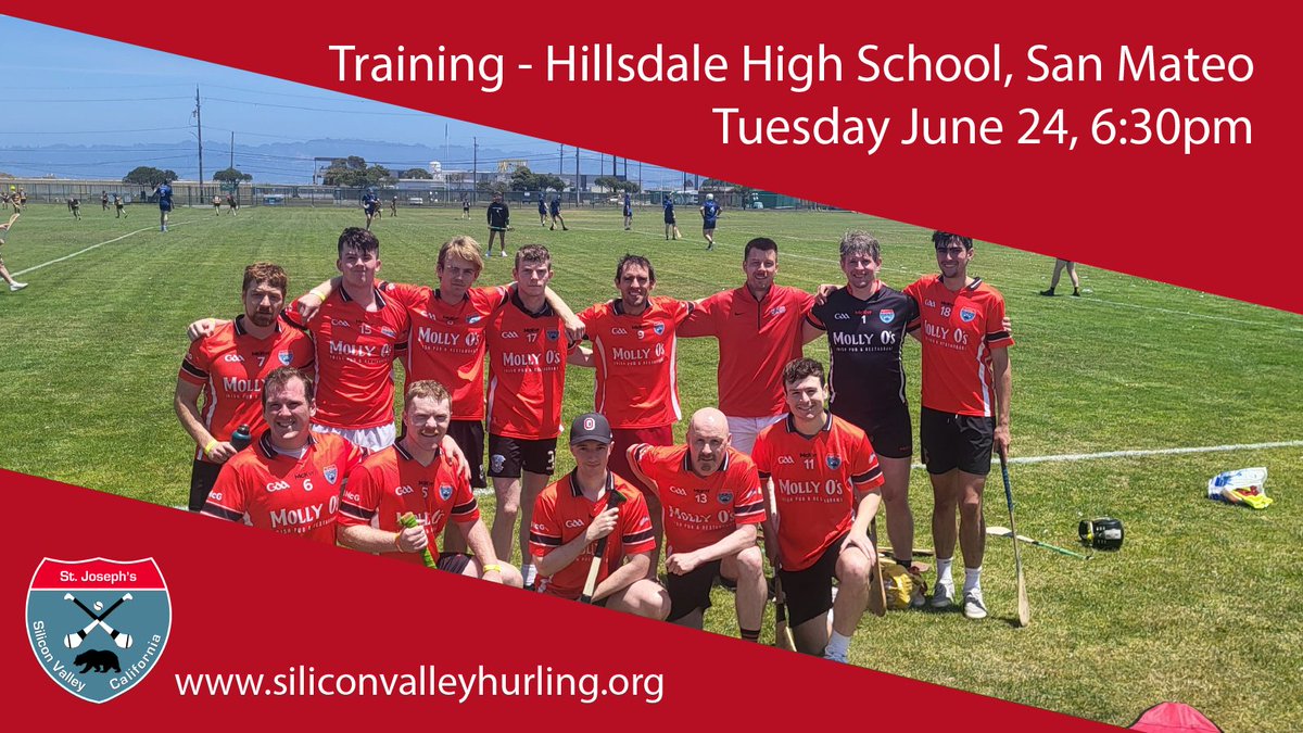 Hurling training continues at Hillsdale High School, San Mateo, at 6:30pm on Tuesday June 24. All welcome.

<a href="/officialgaa/">The GAA</a>  <a href="/GAA_USA/">USGAA</a> <a href="/SanFranciscoGAA/">SanFranciscoGAA</a>