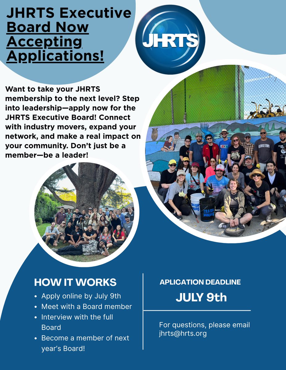 Are you eager to connect with peers in the industry, sharpen your leadership skills, and make a meaningful impact on your community? Then step up and join the 2025-2027 JHRTS LA Board!

You just be a current member to qualify for the board!

Apply here: docs.google.com/forms/d/10Mw_Z…