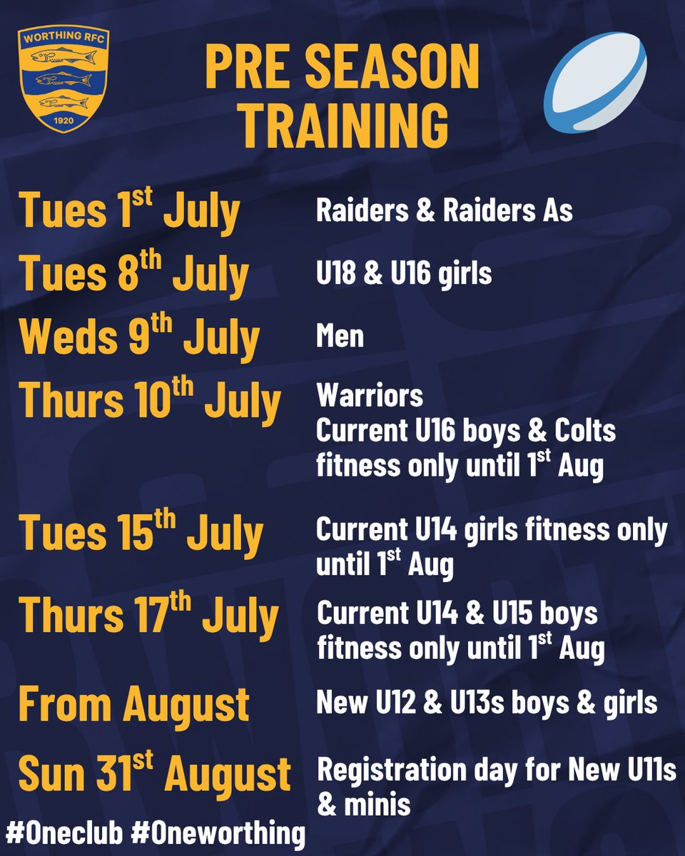 Worthing RFC (@worthingrfc) on Twitter photo We’ve had lots of people ask when training starts for their section. They’re obviously all missing their rugby fix. So here are the dates We’ve had lots of people ask when training starts for their section. They’re obviously all missing their rugby fix. So here are the dates