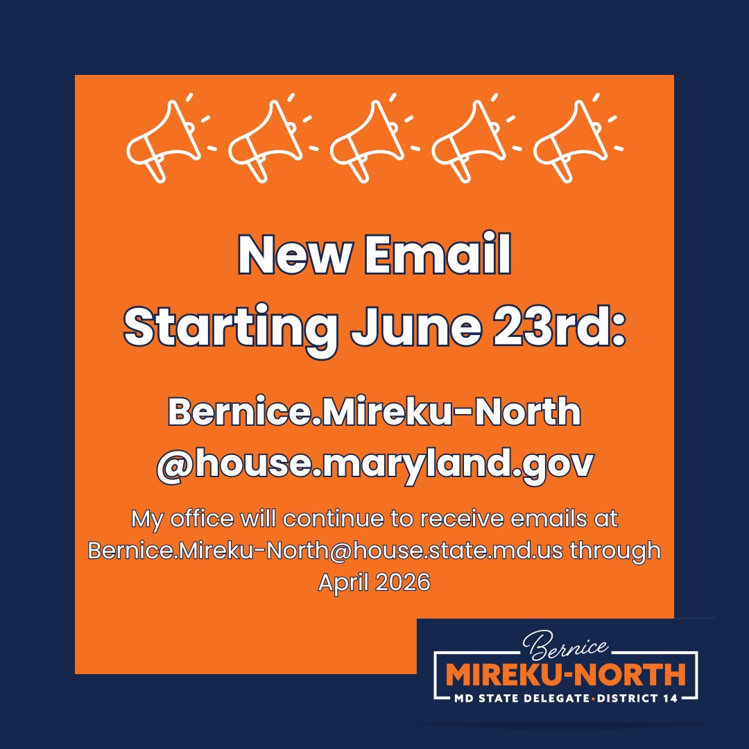 delegatebmn's tweet image. The Maryland General Assembly has updated legislator email addresses! Please make sure to use my new address going forward for any official outreach: Bernice.Mireku-North@house.maryland.gov
My office will continue to receive emails at our old email through April 2026.