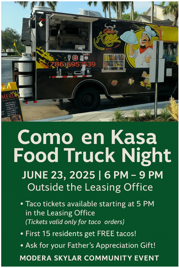 ModeraSkylar's tweet photo. 🌮✨ Tonight: Como en Kasa Food Truck Night! ✨🌮 - 🙏 Be kind – tip the chef!
📍 Outside the Leasing Office
Bring your appetite, enjoy some tacos, and spend the evening with your Modera Skylar community! https://t.co/hKdNr7XD4n