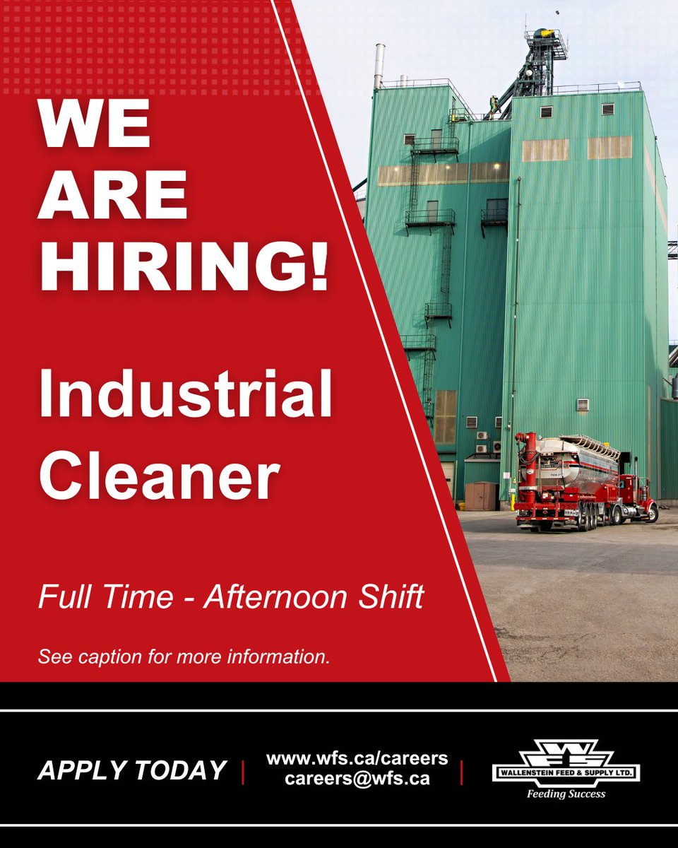 📣 We're Hiring! A permanent, full-time Industrial Cleaner. This position is responsible for cleaning in &amp; around the manufacturing facilities at our Wallenstein location. Please submit your resume to careers@wfs.ca by July 4, 2025. Visit wfs.ca/careers