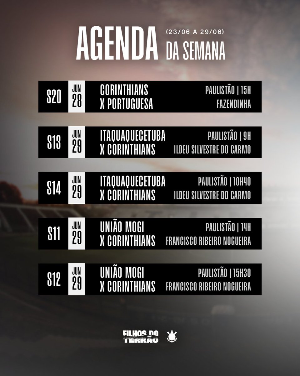 Semana movimentada para os #FilhosDoTerrão! 📅⚽

Confira os compromissos das categorias de base do Timão nos próximos dias! 👊🏽⚫⚪

#CorinthiansNaBase
#VaiCorinthians
