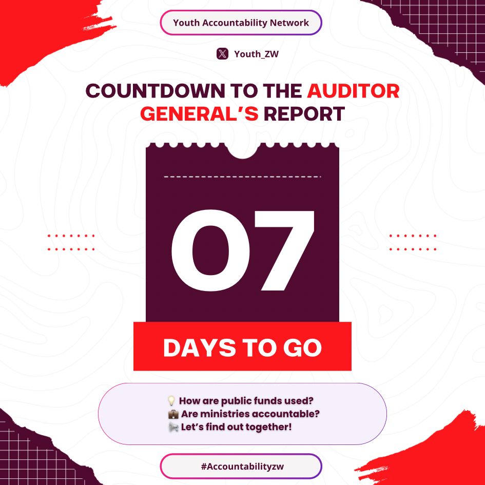 7days to go until the Auditor General’s Report drops. For young people, this isn’t just another document  it’s a tool of truth. It exposes how public funds are managed, how our future is shaped behind closed doors and who gets held Accountable.  #Accountabilityzw