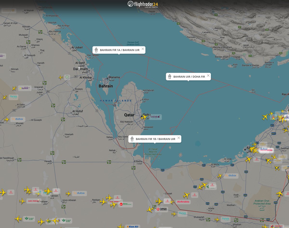 Per ATC comms, Bahrain FIR closed until midnight local time (2100 UTC). flightradar24.com/airport/bah