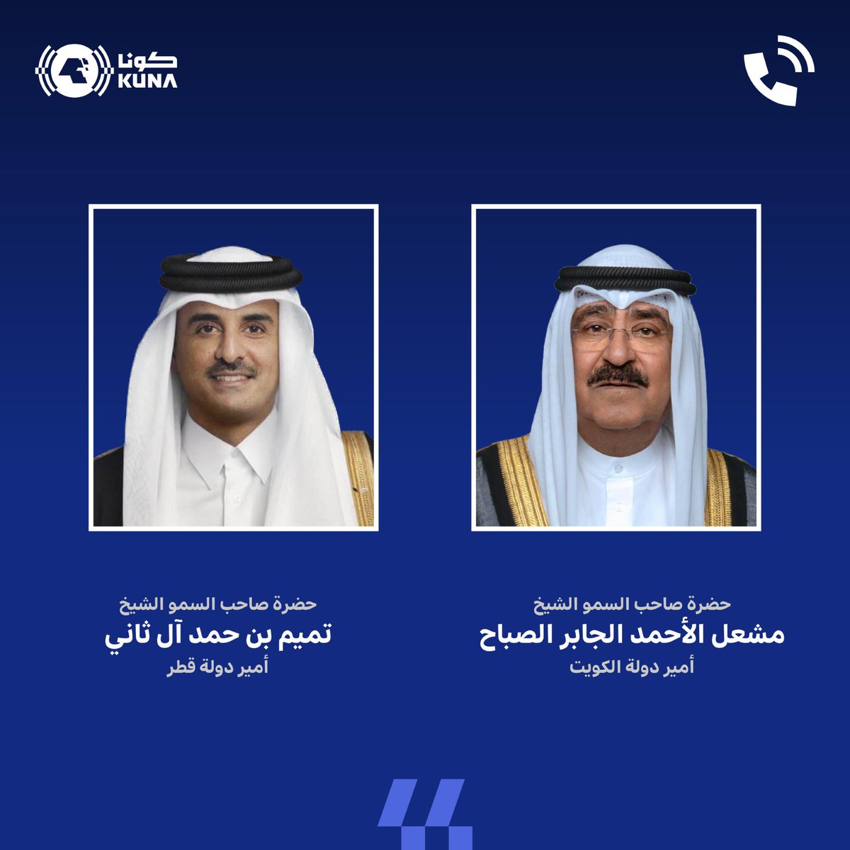 kuna_ar's tweet photo. حضرة صاحب السمو أمير البلاد الشيخ مشعل الأحمد الجابر الصباح يجري اتصالًا هاتفيًّا مع حضرة صاحب السمو الشيخ تميم بن حمد آل ثاني أمير دولة قطر الشقيقة

- اطمأن سموه على دولة قطر وشعبها الكريم بعد الهجوم الذي تعرضت له قاعدة العديد الجوية من قبل الحرس الثوري الإيراني

- أعرب سموه عن استنكار وإدانة دولة الكويت الشديدين لهذا التعدي السافر والذي يُعد انتهاكًا صارخًا لسيادة دولة قطر ومجالها الجوي وللقانون الدولي وميثاق الأمم المتحدة

- أكد سموه على وقوف دولة الكويت التام إلى جانب الأشقاء في دولة قطر الشقيقة ودعمها الكامل لكافة الإجراءات والقرارات التي تتخذها لحفظ سيادتها وأمنها واستقرارها

https://t.co/Vp26eCo1Ln

#كونا #الكويت