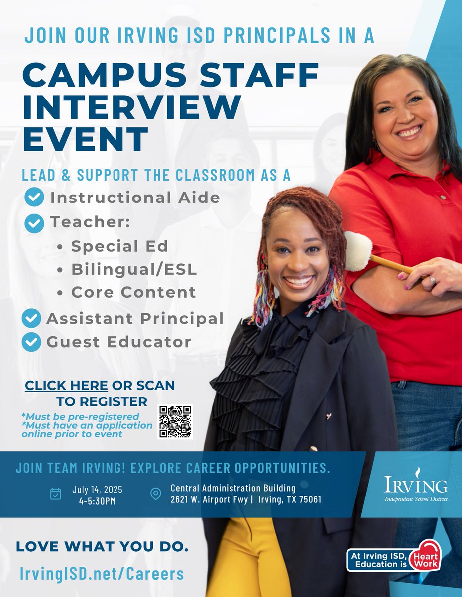 Katie Gilleland (@iisd_leap) on Twitter photo 📣 We have a few more campuses looking for incredible new teammates to join us and teach with excellence and #heartwork ❤️ here in <a href="/IrvingISD/">Irving ISD</a>! 🍎
✅ Check out the info below for our next event - apply now, sign up & meet directly with our principals! 📣 We have a few more campuses looking for incredible new teammates to join us and teach with excellence and #heartwork ❤️ here in <a href="/IrvingISD/">Irving ISD</a>! 🍎
✅ Check out the info below for our next event - apply now, sign up & meet directly with our principals!