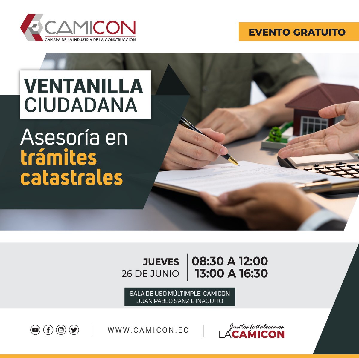 📣 ¡Atención: este jueves 26 de junio la ventanilla ciudadana estará más cerca de ti en la CAMICON!

💼 ¿Tienes un trámite pendiente? ¡Resuélvelo en un solo lugar! 

📍 Sala de Uso Múltiple – CAMICON
📌 Juan Pablo Sanz e Iñaquito, planta baja
🕒 08h30 a 12h00 y de 13h00 a 16h30