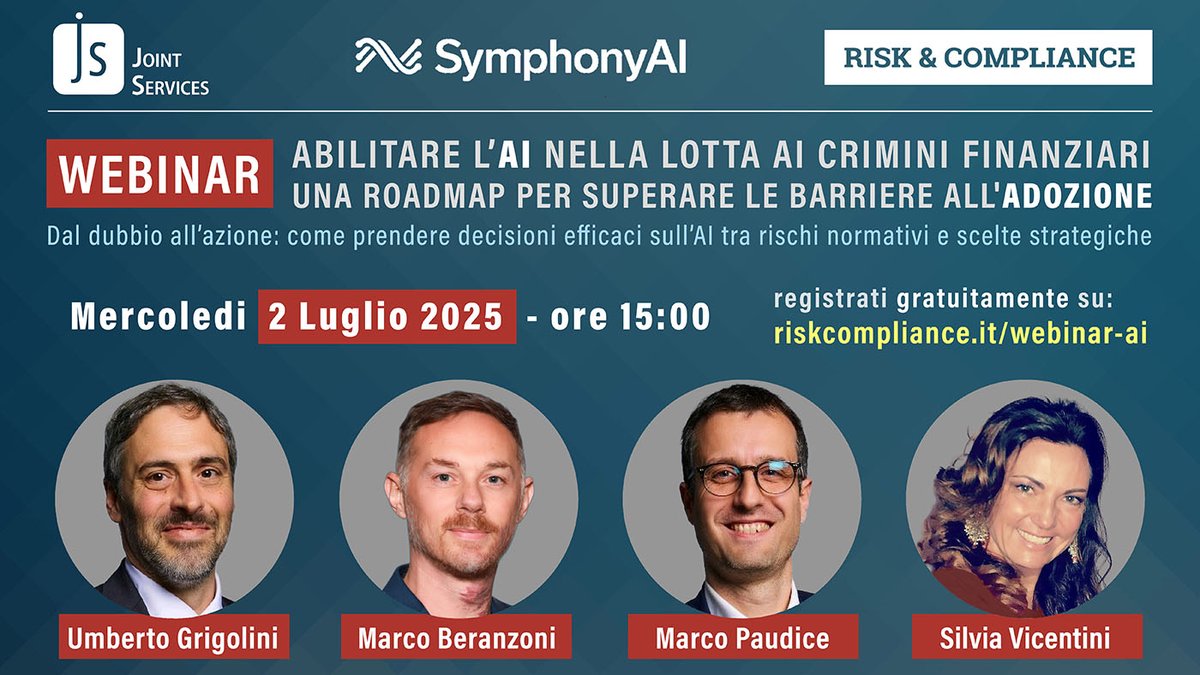 #webinar su come adottare l’#AI in ambito #compliance rischedulato a 🕒 mercoledì 2 Luglio

Scopri come prendere decisioni efficaci tra regolamenti in evoluzione e tecnologie emergenti.  

👉Iscriviti gratuitamente ora: riskcompliance.it/webinar-ai/

#FinancialCrime #Fintech #RegTech