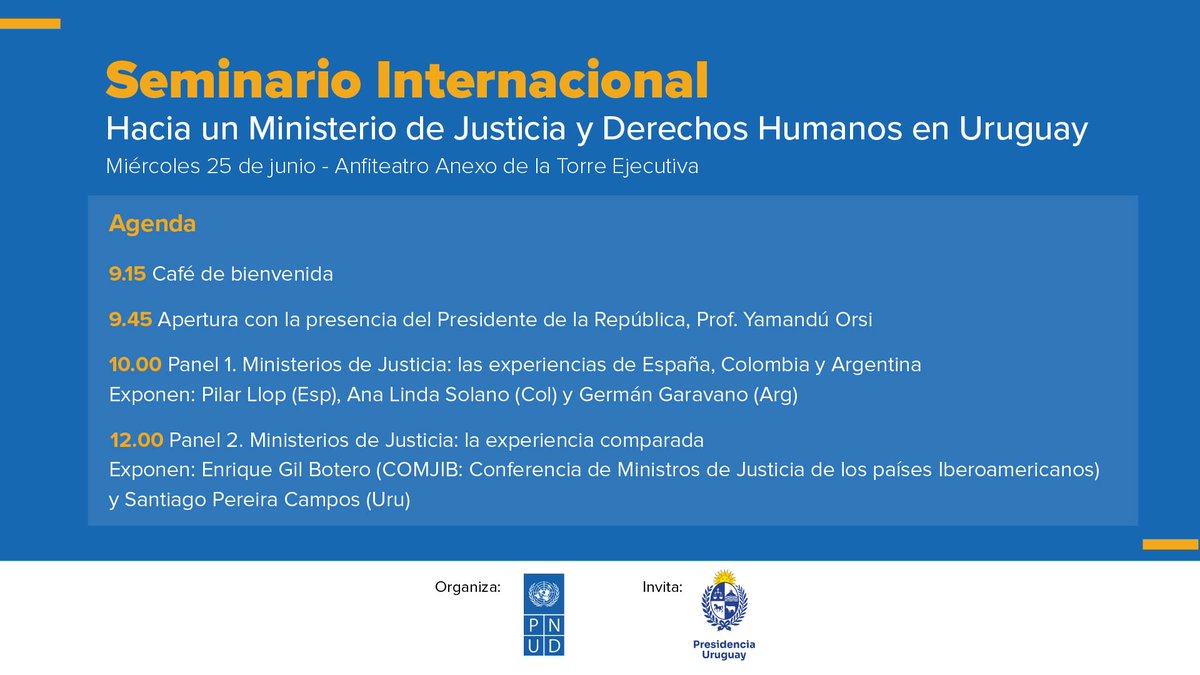 PNUD Uruguay (@pnuduruguay) on Twitter photo ➡️Seminario internacional: hacia un Ministerio de Justicia y DDHH en 🇺🇾
Participan: Pilar Llop 🇪🇸, <a href="/german_garavano/">Germán Garavano</a> 🇦🇷, <a href="/EnriquegilbGil/">Enrique Gil Botero</a> 🇨🇴(<a href="/ComjibOficial/">COMJIB</a>), <a href="/lindas0l/">Ana linda Solano</a>
🇨🇴 y <a href="/SantiagoPCampos/">Santiago Pereira Campos</a> 🇺🇾 (<a href="/IIBDP/">Instituto Iberoamericano de Derecho Procesal IIDP</a>).
🗓 25/6, 9.15 a 13 h
📍Anexo T. Ejecutiva
🔗Registro: bit.ly/4kzDgE9 ➡️Seminario internacional: hacia un Ministerio de Justicia y DDHH en 🇺🇾
Participan: Pilar Llop 🇪🇸, <a href="/german_garavano/">Germán Garavano</a> 🇦🇷, <a href="/EnriquegilbGil/">Enrique Gil Botero</a> 🇨🇴(<a href="/ComjibOficial/">COMJIB</a>), <a href="/lindas0l/">Ana linda Solano</a>
🇨🇴 y <a href="/SantiagoPCampos/">Santiago Pereira Campos</a> 🇺🇾 (<a href="/IIBDP/">Instituto Iberoamericano de Derecho Procesal IIDP</a>).
🗓 25/6, 9.15 a 13 h
📍Anexo T. Ejecutiva
🔗Registro: bit.ly/4kzDgE9