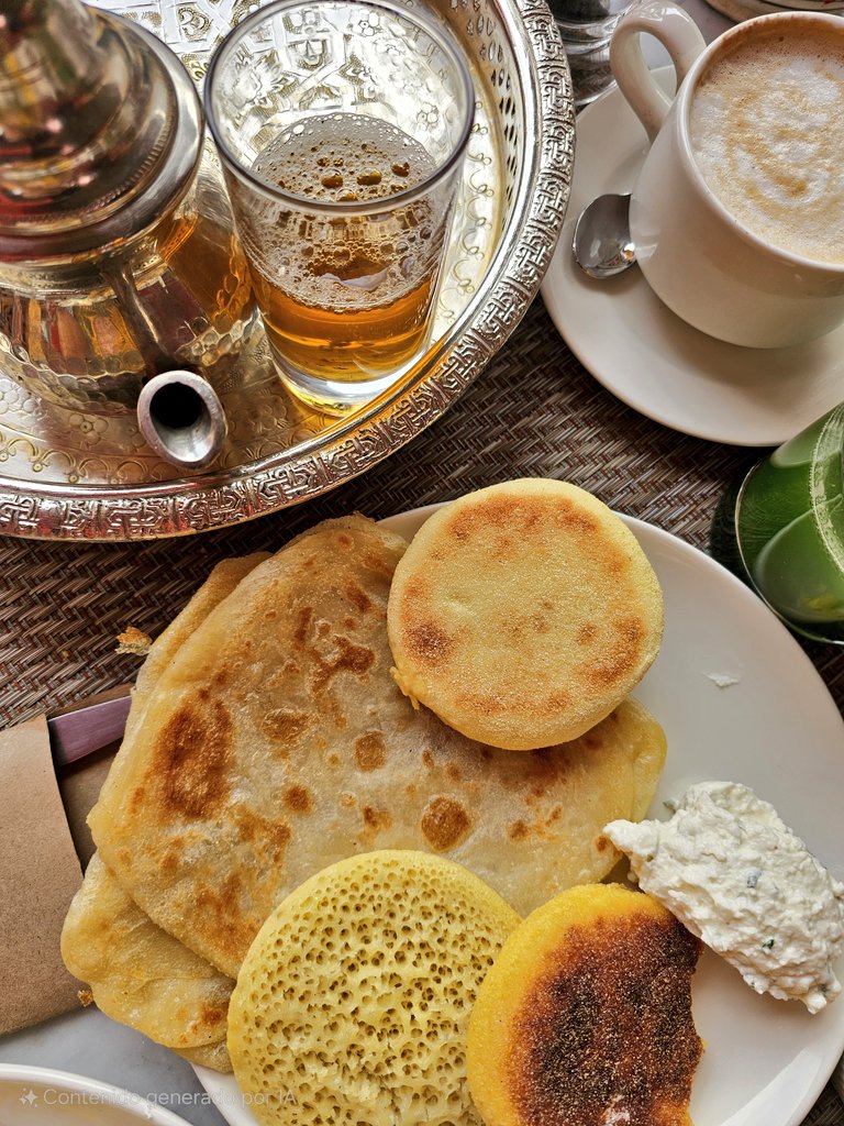 Mi desayuno de hoy: msemen, harcha 
baghrir, labneh y té a la menta.

Todo delicioso, sí. ¿Pero el msemen? Yo no sé cuál es será la magia pero es probablemente el "pan" más rico que me haya comido en la vida. Le pido perdón a nuestros amasijos desde ya.