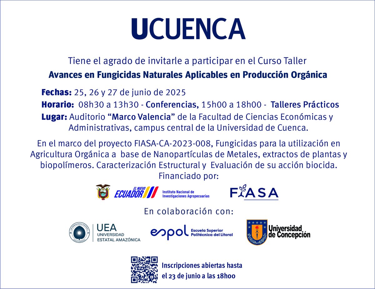Vicerrectorado de Investigación (@investiga_udc) on Twitter photo #InvestigaciónUCuenca | Inscríbete hoy en el Curso-Taller "Avances en Fungicidas Naturales Aplicables en Producción Orgánica"
📅 25, 26 y 27 de junio de 2025
Formulario de inscripción:
forms.gle/GT7ntiBofxgC79…
Contáctanos: nanocea@ucuenca.edu.ec #InvestigaciónUCuenca | Inscríbete hoy en el Curso-Taller "Avances en Fungicidas Naturales Aplicables en Producción Orgánica"
📅 25, 26 y 27 de junio de 2025
Formulario de inscripción:
forms.gle/GT7ntiBofxgC79…
Contáctanos: nanocea@ucuenca.edu.ec