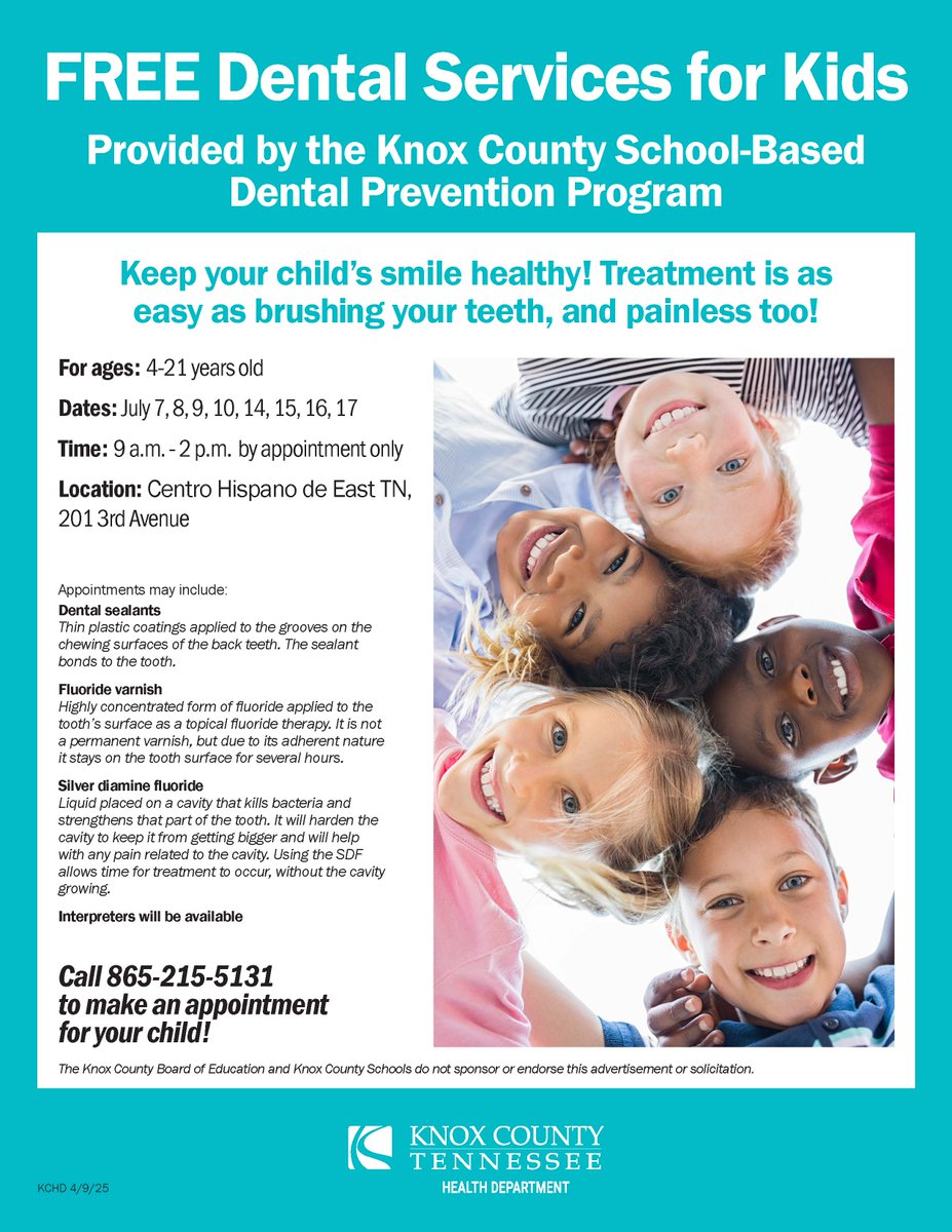 Our School-Based Dental Prevention team has free appointments available in July at Centro Hispano, 201 3rd Ave. These appointments are for ages 4-21.

Call 865-215-5131 to make an appointment. Interpreters will be available.