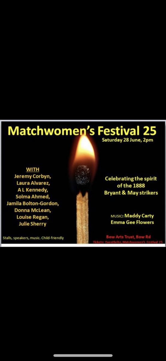 The women who started the festival!

In 1888 they took on one of the most powerful - &amp; exploitative- firms in the UK.

And WON

Their bosses couldn’t believe they’d been humbled by a ‘set of girls’ whose names they didn’t even know!

SATURDAY WE CELEBRATE 
eventbrite.co.uk/e/matchwomens-…
