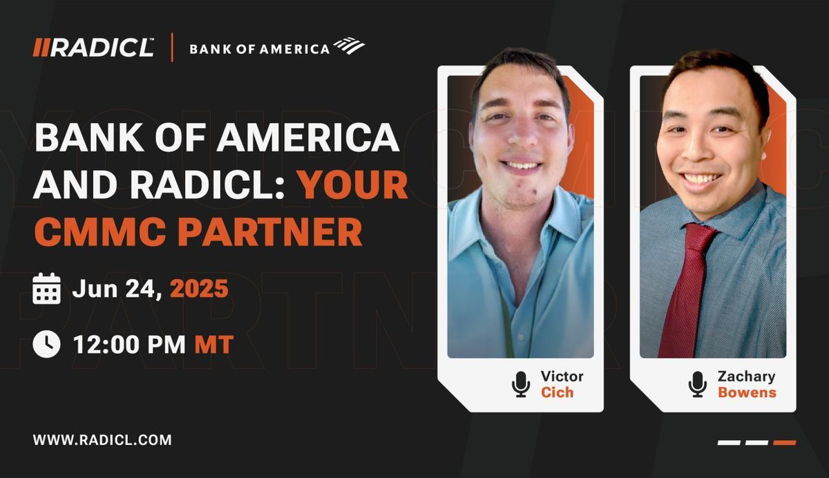 RADICL (@radicl_xtp) on Twitter photo 🚨 CMMC compliance isn’t just about contracts—it could impact your financing future.
Tomorrow, join <a href="/BankofAmerica/">Bank of America</a> + @RADICLsecurity for a critical webinar for the DIB.
🗓️ June 24 | 12 PM MT
🔗 lnkd.in/g8CKMC9D
#CMMC #Cybersecurity #DefenseContractors 🚨 CMMC compliance isn’t just about contracts—it could impact your financing future.
Tomorrow, join <a href="/BankofAmerica/">Bank of America</a> + @RADICLsecurity for a critical webinar for the DIB.
🗓️ June 24 | 12 PM MT
🔗 lnkd.in/g8CKMC9D
#CMMC #Cybersecurity #DefenseContractors