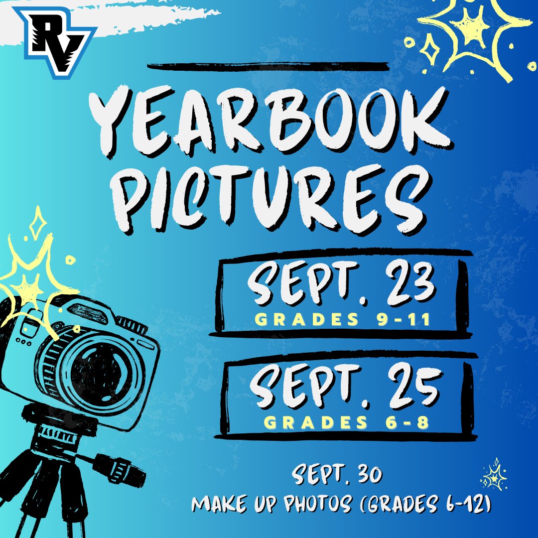 River Valley School District (@rvsdpanthers) on Twitter photo Save the Dates! 📸 River Valley Middle/High School School Picture Days!
Grades 9–11: Sept. 23
Grades 6–8: Sept. 25
Make-up Day (grades 6-12): Sept. 30
Order forms will be sent home during the first week of school.
<a href="/RVSDSuper/">Philip Martell</a> <a href="/rvhspanthers1/">River Valley High School</a> <a href="/River_Valley_MS/">River Valley Middle School</a> Save the Dates! 📸 River Valley Middle/High School School Picture Days!
Grades 9–11: Sept. 23
Grades 6–8: Sept. 25
Make-up Day (grades 6-12): Sept. 30
Order forms will be sent home during the first week of school.
<a href="/RVSDSuper/">Philip Martell</a> <a href="/rvhspanthers1/">River Valley High School</a> <a href="/River_Valley_MS/">River Valley Middle School</a>