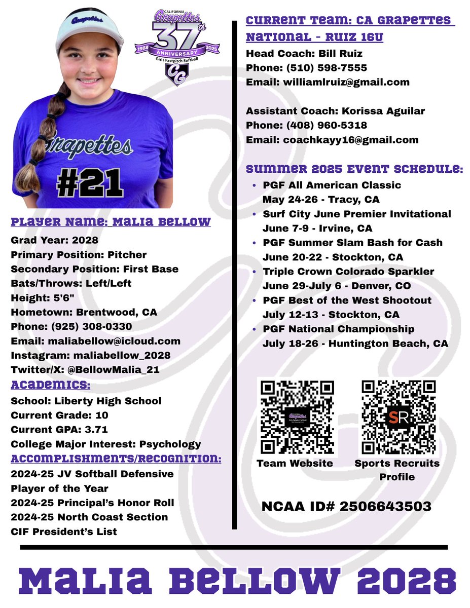 My updated player profile sheet for Summer 2025. <a href="/Grapettes_Ruiz/">Grapettes 16U National - Ruiz</a>
