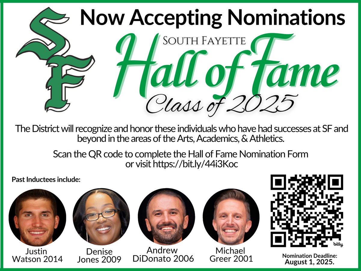 Last week, we celebrated our country. This week, don't forget to celebrate your Lions! Nominate a South Fayette alumnus for the Hall of Fame Class of 2025! Fill out the nomination form at bit.ly/44i3Koc. Deadline for nominations is August 1.
#SFLionPride
