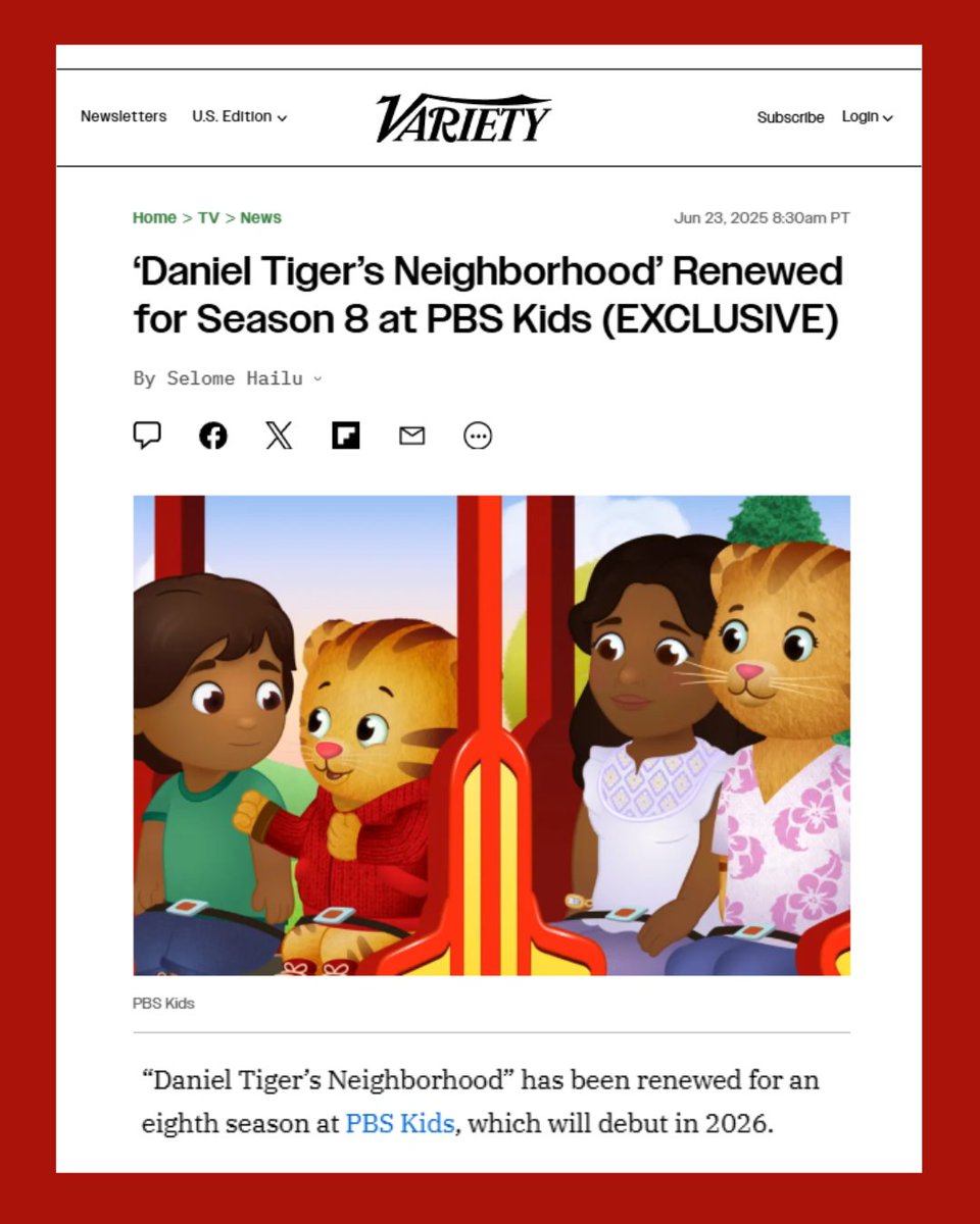 🎉 Grr-ific news!

Season 8 of Daniel Tiger’s Neighbourhood premieres on <a href="/PBSKIDS/">PBS KIDS</a> in 2026 with 10 new episodes, 2 specials, a new character, and more heartwarming life lessons for little tigers everywhere.

🔗 Exclusive via Variety:
variety.com/2025/tv/news/d…