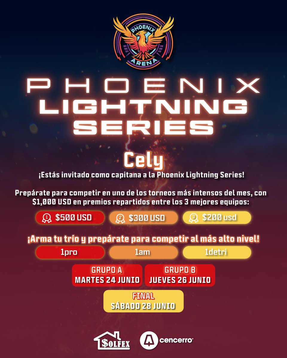 PhoenixArenaGaming (@phoenixgamingmx) on Twitter photo ⚡ <a href="/RydaTV/">S8UL Ryda</a> <a href="/CelyyXO/">OMiT Cely.</a> <a href="/zCastillo_/">LEV Castillo 🏰</a> <a href="/GoatClamp/">MKOI Clamp</a> , están invitados al primer Phoenix Lighting Series ⚡
Por primera vez, lanzamos este formato especial:
🔥 Pro, AM y Detri
Tres niveles. Un mismo equipo.
Y ustedes como líderes del caos.
🎯 Torneo por invitación
💰 $1,000 USD en ⚡ <a href="/RydaTV/">S8UL Ryda</a> <a href="/CelyyXO/">OMiT Cely.</a> <a href="/zCastillo_/">LEV Castillo 🏰</a> <a href="/GoatClamp/">MKOI Clamp</a> , están invitados al primer Phoenix Lighting Series ⚡
Por primera vez, lanzamos este formato especial:
🔥 Pro, AM y Detri
Tres niveles. Un mismo equipo.
Y ustedes como líderes del caos.
🎯 Torneo por invitación
💰 $1,000 USD en