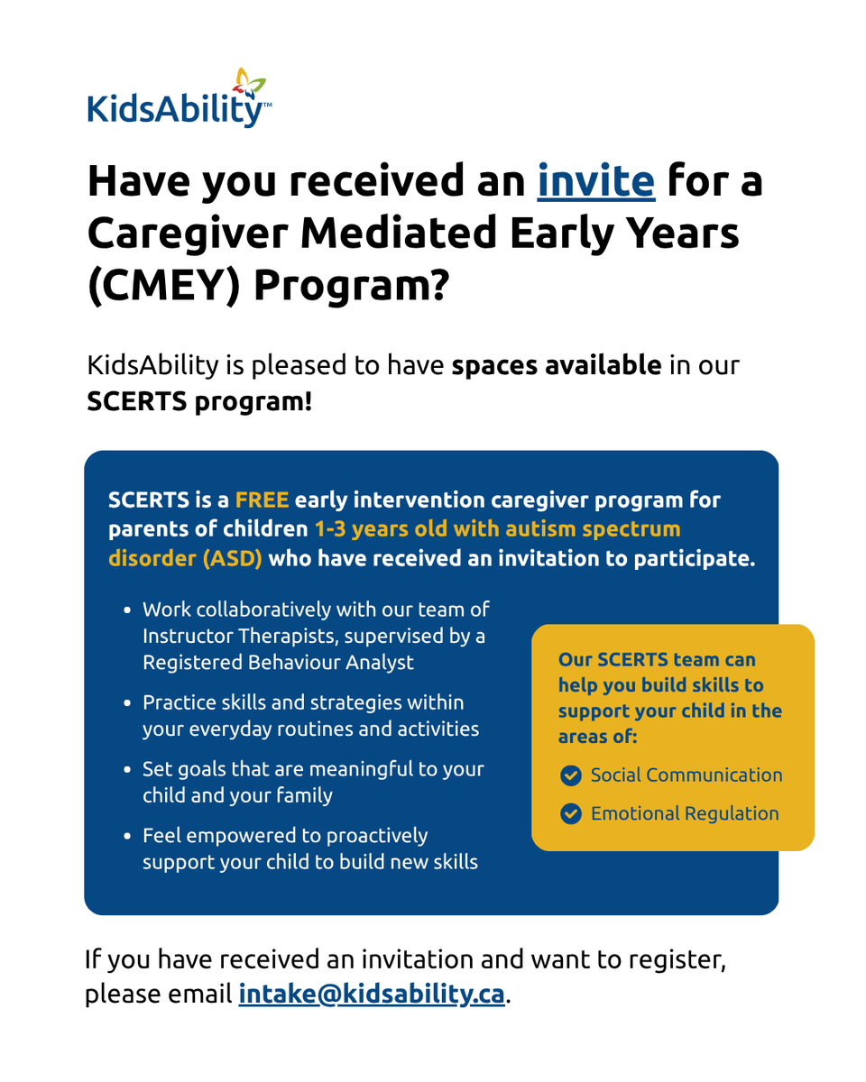 KidsAbility is excited to offer FREE spots in our SCERTS Program — a caregiver-led early intervention program for children 1-3 years old with Autism Spectrum Disorder (ASD).

📩 If you’ve received an invitation, email intake@kidsability.ca to register today!