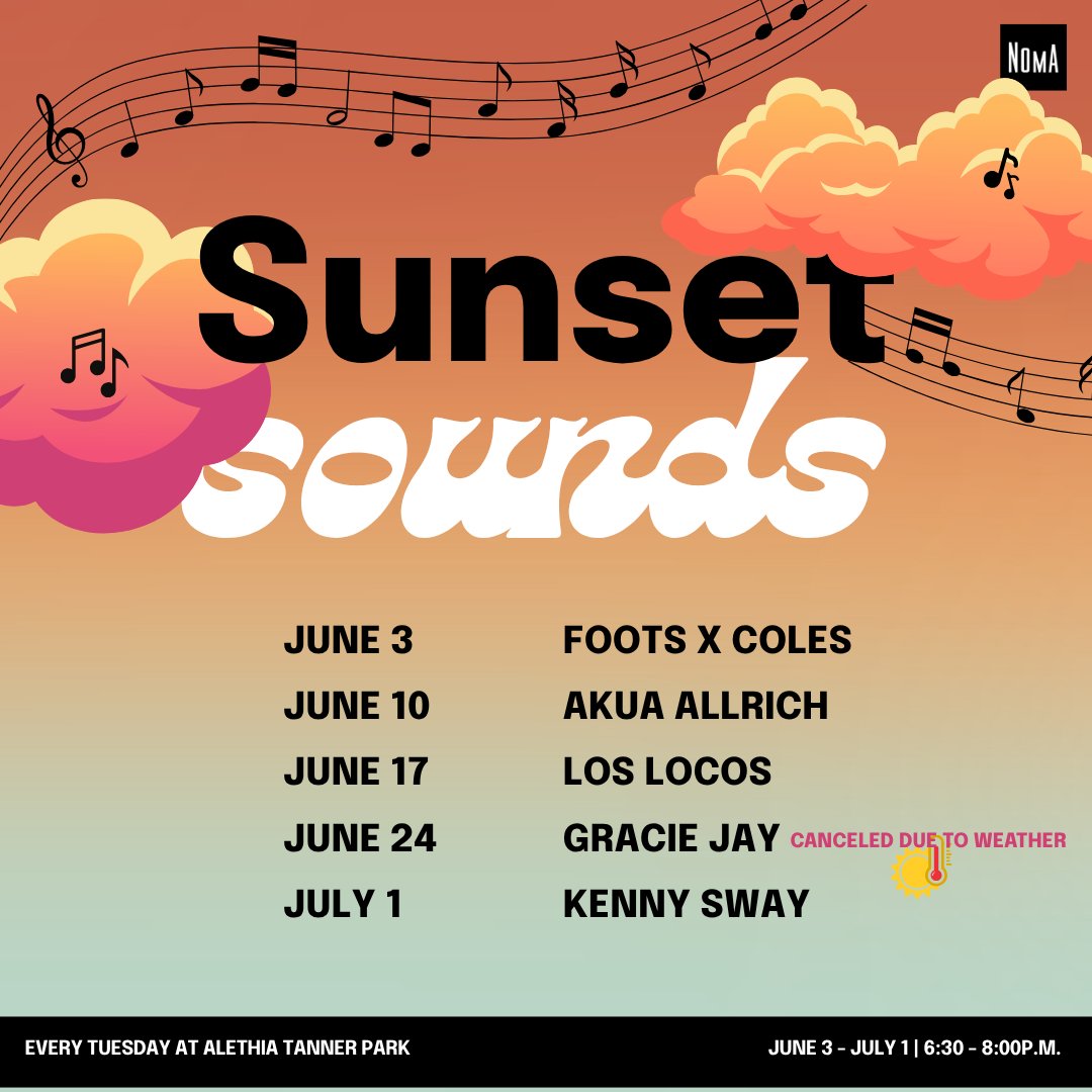 NoMaBID's tweet image. ⚠️🌡️☀️ Due to the heat advisory and forecasted hot temperatures, tomorrow's Sunset Sounds concert is canceled. The health and safety of our eventgoers, staff, and performers is our top priority. Stay safe and cool!
Sunset Sounds will continue next Tuesday!