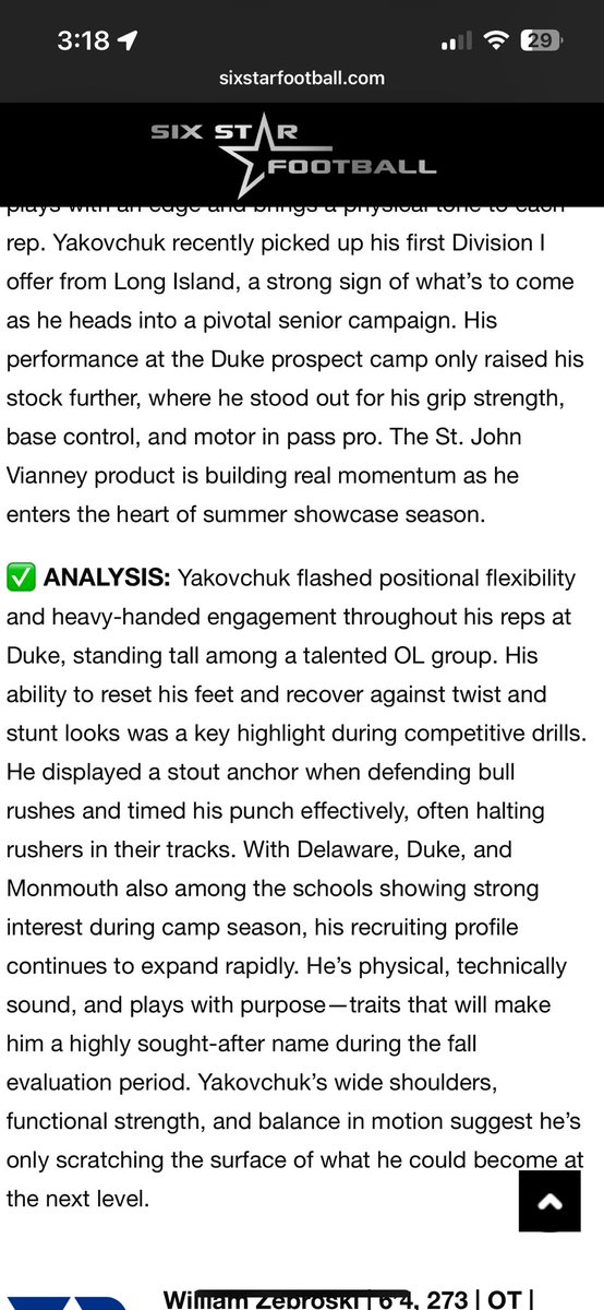 Thank you for the write up <a href="/sixstarfootball/">Six Star Football | PLUS+</a> about my recent visit to the <a href="/DukeFOOTBALL/">Duke Football</a> prospect camp. It was a great few days in Durham! 

<a href="/JeffNorrid1/">Jeff Norrid</a> <a href="/Coach_DFeeley/">David Feeley</a> <a href="/sjvlancerfb/">SJVLancerFootball</a> <a href="/SjvProspects/">St John Vianney H.S Football Prospects</a> <a href="/GregPenta/">Greg Penta</a> <a href="/mjfrecruits/">MJF Football Recruiting</a>