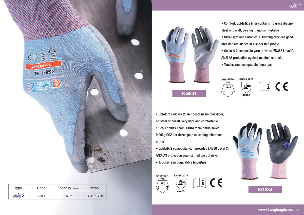 kld_da's tweet image. A fun fact about Kang Long Da that too few importers know is that we also make our own patented ultra high performance HPPE!  Gold Silk Yarn reduces the need for hard yarns like glass or steel that can cause discomfort.  You will notice the difference!  #PPE #gloves #Safety