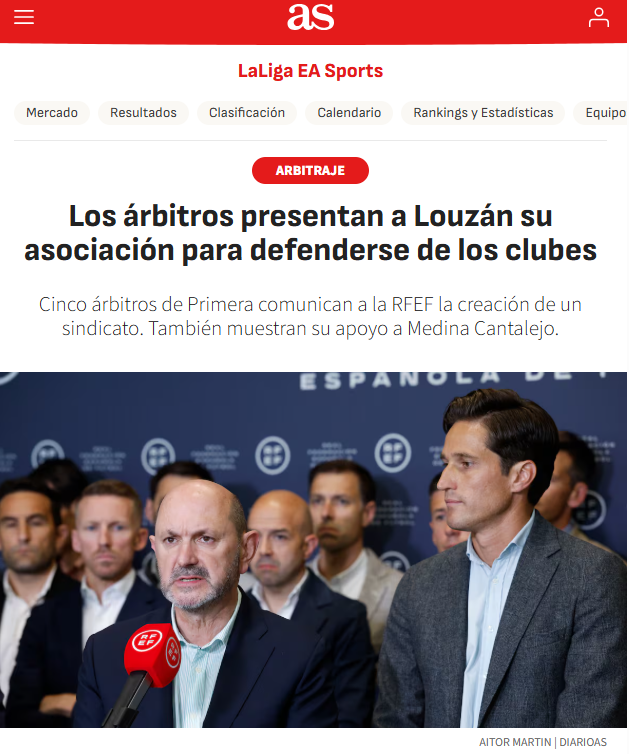 Lo peor no es que los árbitros profesionales hayan tenido que crear un sindicato para "protegerse", lo peor es que eso debería hacerlo la <a href="/rfef/">RFEF</a> y no se lava las manos.

O es que los árbitros pertenecen a la <a href="/rfef/">RFEF</a> sólo cuando esta quiere...

as.com/futbol/primera…