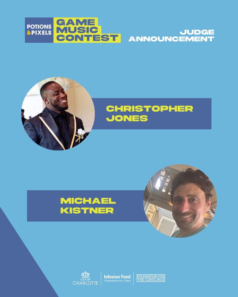 🎵 GAME MUSIC CONTEST — FINAL JUDGES ANNOUNCED! 🎵

🎼 Christopher Jones <a href="/8bbPVP/">8•B•B / 8•Bit•Bandit</a> <a href="/pvphubclt/">PVPhubCLT</a> 
🎼 Michael Kistner

🎧 Listen: soundcloud.com/potions-pixels…

Finalists will be announced this Wednesday at our Game Industry Gathering!

#GameMusicContest #GameMusic #IndieDev #GamingCommunity