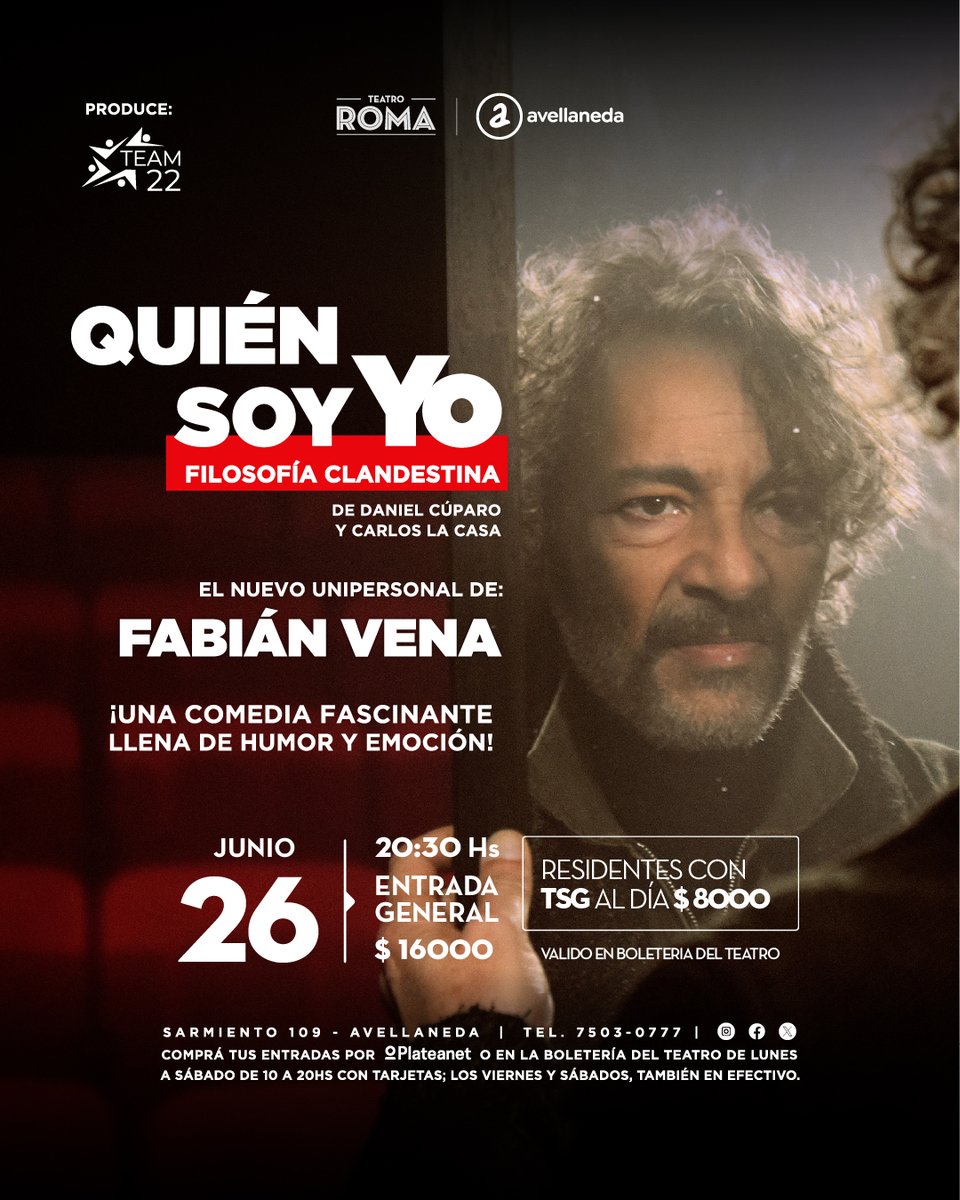 Vení a disfrutar del Teatro Roma ✨

🎭 Fabián Vena nos trae su unipersonal: Quién soy yo, filosofía clandestina. Con dramaturgia de Daniel Cúparo y Carlos La Casa. Obra ganadora del Premio Estrella de Mar a Mejor Música Original.

🗓️ Jueves 26 de junio · 20.30hs