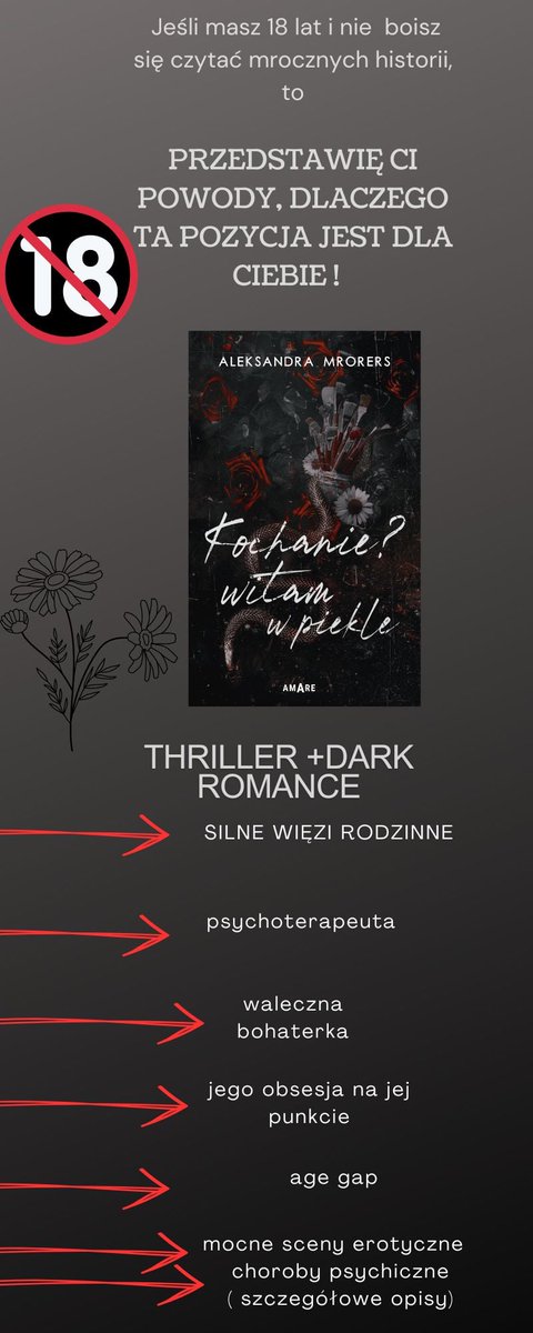 #twitteroweksiążkary
To nie jest tylko dark romans. 
To powieść, w której poruszana jest trudna i ważna tematyka dotycząca : chorób i zaburzeń psychicznych przedstawiana w sposób dosadny. 
Sceny erotyczne nie są przodujące.
#kochaniewitamwpiekle 
#wattpadowehistorie