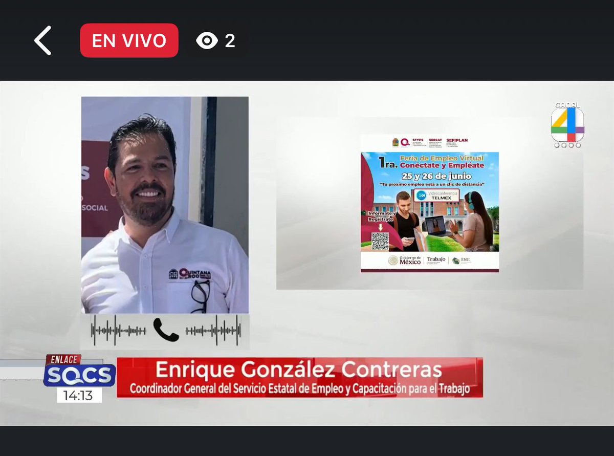 Esta tarde el C.P. <a href="/egccontreras/">Enrique González C.</a> a través de la señal de <a href="/sqcsradioytv/">SQCS Radio y Televisión</a> , se encuentra promocionando nuestra 1ª Feria de Empleo Virtual Conéctate y Empléate, a realizarse este miércoles 25 y jueves 26.