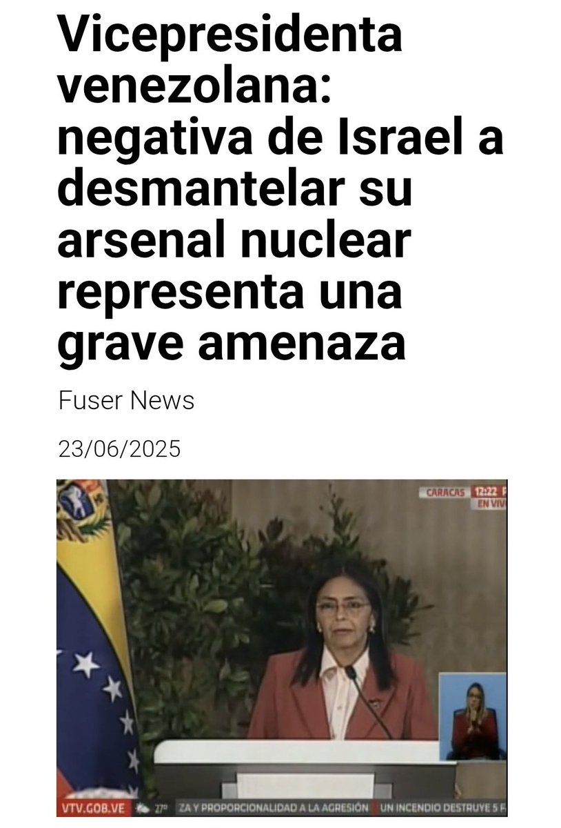 VierasL (@leudysvieras) on Twitter photo La vicepresidenta ejecutiva de Venezuela, <a href="/delcyrodriguezv/">Delcy Rodríguez</a>, denunció este domingo en Caracas que la postura de #Israel respecto a su arsenal nuclear pone en riesgo la seguridad global La vicepresidenta ejecutiva de Venezuela, <a href="/delcyrodriguezv/">Delcy Rodríguez</a>, denunció este domingo en Caracas que la postura de #Israel respecto a su arsenal nuclear pone en riesgo la seguridad global