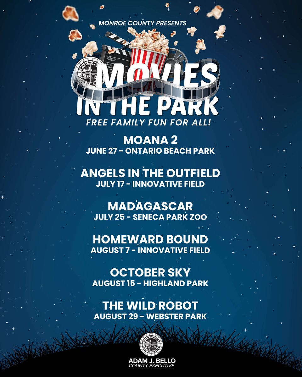 Movies in the Park is back starting this Friday. It’s a great way to spend time with friends &amp; family, enjoy the outdoors and watch a movie for free!  Mark your calendars for the 6 films to be shown in our parks, the baseball stadium and the zoo.
monroecounty.gov/news-2025-06-2…