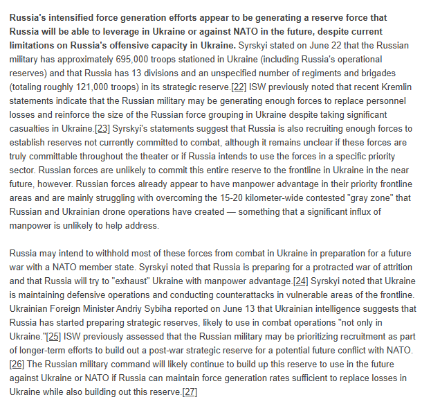 TheStudyofWar's tweet photo. Russia's intensified force generation efforts appear to be generating a reserve force that Russia will be able to leverage in Ukraine or against NATO in the future, despite current limitations on Russia's offensive capacity in Ukraine.

Russia may intend to withhold most of these forces from combat in Ukraine in preparation for a future war with a NATO member state.