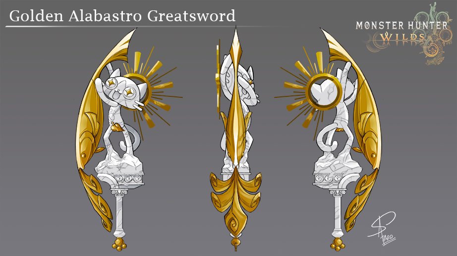 Axel_fraxel's tweet image. Here&apos;s my participation to the Monster hunter contest  for the greatsword , a Felyne fishing; The Golden Alabastro
#MHWilds  #WeaponEntry