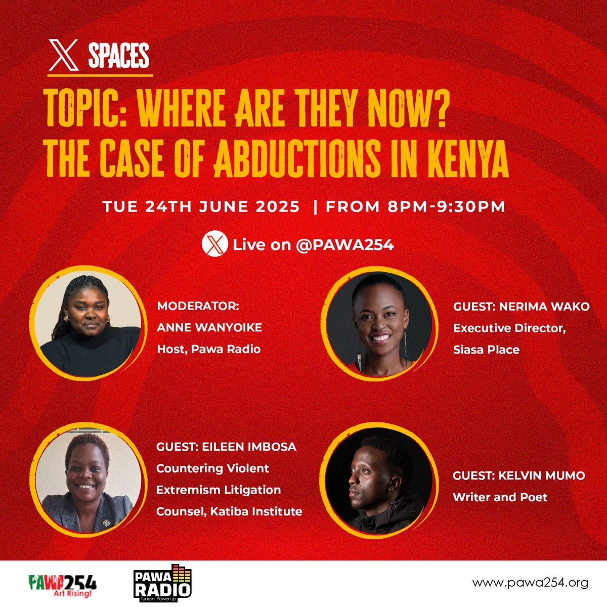 Where are they now?

Our Litigation Counsel, <a href="/IMBOSA_A/">Eileen</a>, will participate in a live panel discussion at <a href="/Pawa254/">PAWA254</a> focusing on the issue of abductions in Kenya.

Join the conversation on X <a href="/Pawa254/">PAWA254</a>!