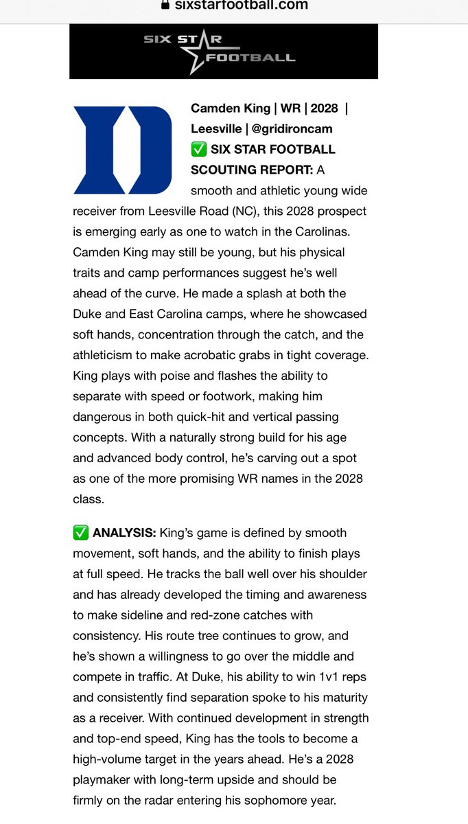 Camden King (@gridironcam) on Twitter photo Appreciate the recognition of my recent performance at both <a href="/DukeFOOTBALL/">Duke Football</a> and <a href="/ECUPiratesFB/">ECU Football</a> Working hard with my team <a href="/pride_leesville/">Leesville Pride Football</a> and training at Proskillz for continued growth to be even better at my next visit!
<a href="/CoachDHamilton/">Coach Darrell Hamilton</a> <a href="/TheSniperSchool/">Ray Isaac</a> <a href="/CoachZohn/">Zohn Burden</a> <a href="/CoachFree1906/">Rodney Freeman II</a> Appreciate the recognition of my recent performance at both <a href="/DukeFOOTBALL/">Duke Football</a> and <a href="/ECUPiratesFB/">ECU Football</a> Working hard with my team <a href="/pride_leesville/">Leesville Pride Football</a> and training at Proskillz for continued growth to be even better at my next visit!
<a href="/CoachDHamilton/">Coach Darrell Hamilton</a> <a href="/TheSniperSchool/">Ray Isaac</a> <a href="/CoachZohn/">Zohn Burden</a> <a href="/CoachFree1906/">Rodney Freeman II</a>