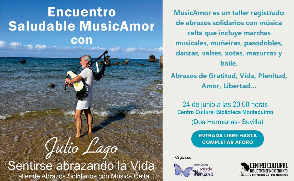 Biblioteca de Montequinto (Dos Hermanas) (@bibmontequinto) on Twitter photo 📢 El martes 24 de junio a las 20:00 horas en #BibliotecaMontequinto #DosHermanas, encuentro MusicAmor «Sentirse abrazando la Vida» ofrecido por Julio Lago, un taller de abrazos solidarios organizado por <a href="/AsocProMariposa/">Proyecto Mariposa</a>.
ℹ️ Más información del evento: bibliotecamontequinto.doshermanas.es/20250624-encue… 📢 El martes 24 de junio a las 20:00 horas en #BibliotecaMontequinto #DosHermanas, encuentro MusicAmor «Sentirse abrazando la Vida» ofrecido por Julio Lago, un taller de abrazos solidarios organizado por <a href="/AsocProMariposa/">Proyecto Mariposa</a>.
ℹ️ Más información del evento: bibliotecamontequinto.doshermanas.es/20250624-encue…