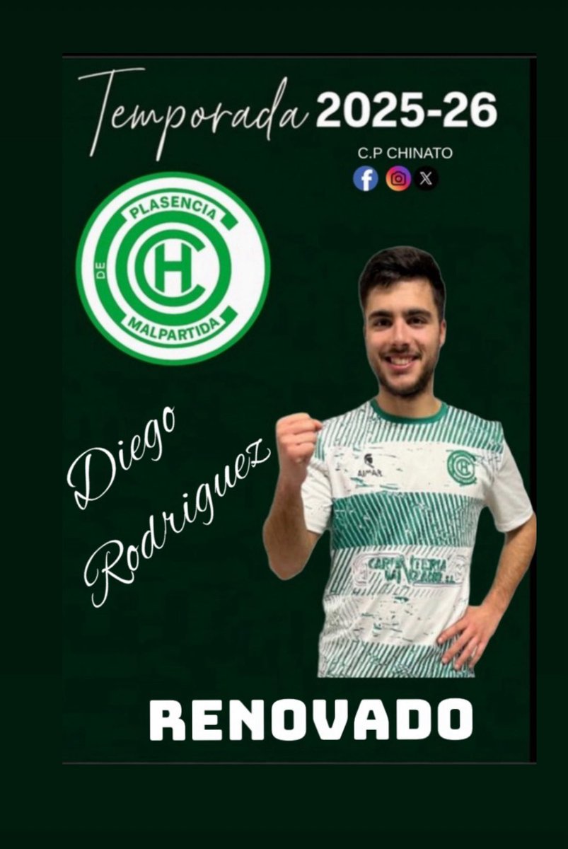 🔁 RENOVACIÓN | DIEGO RODRÍGUEZ 🔁

¡Diego Rodríguez seguirá defendiendo los colores del <a href="/CPChinato/">CP Chinato</a>! 💚⚽

Centrocampista ofensivo, mediapunta con visión de juego, desborde y gol. Un jugador diferencial en nuestra medular. 🎯🔥

🏡 ¡Encantados de que sigas en tu casa, Diego!