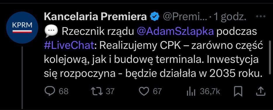 ‼️Żeby nikomu nie umknęło: 

Dzisiejszy wpis Kancelarii Prezesa Rady Ministrów - już skrzętnie usunięty

CPK urealnione po raz kolejny, tym razem do 2035?