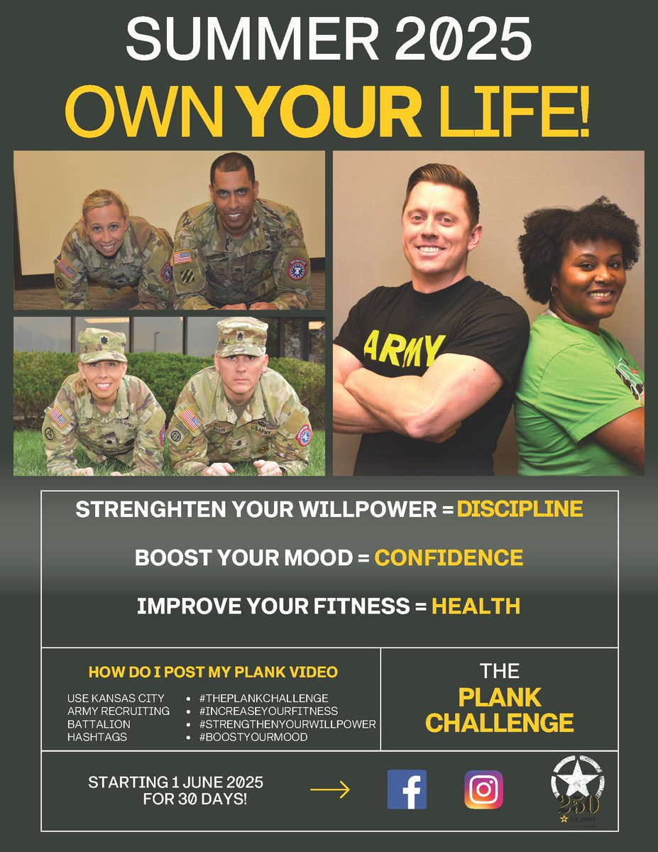 usacac's tweet image. This #MotivationalMonday, get your week started with the #theplankchallenge to strengthen your willpower, boost your mood, and improve your fitness! Grab a friend and join in on the challenge. #DriveChange #Army250 #increaseyourfitness #strengthenyourwillpower #boostyourmood
