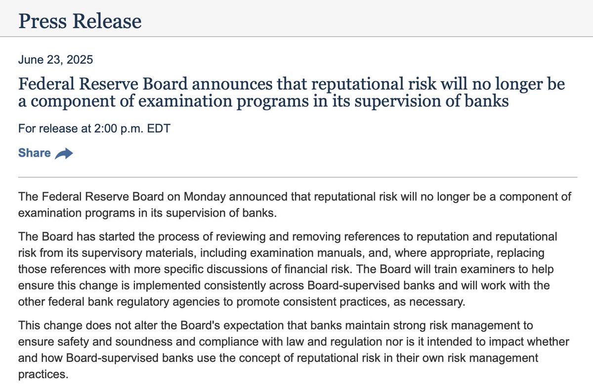 JUST IN: The Federal Reserve Board just announced that they are eliminating "reputational risk" as a component of bank exams.

This is a huge win — this was one of the key tools big banks used to try to justify their debanking of conservatives.