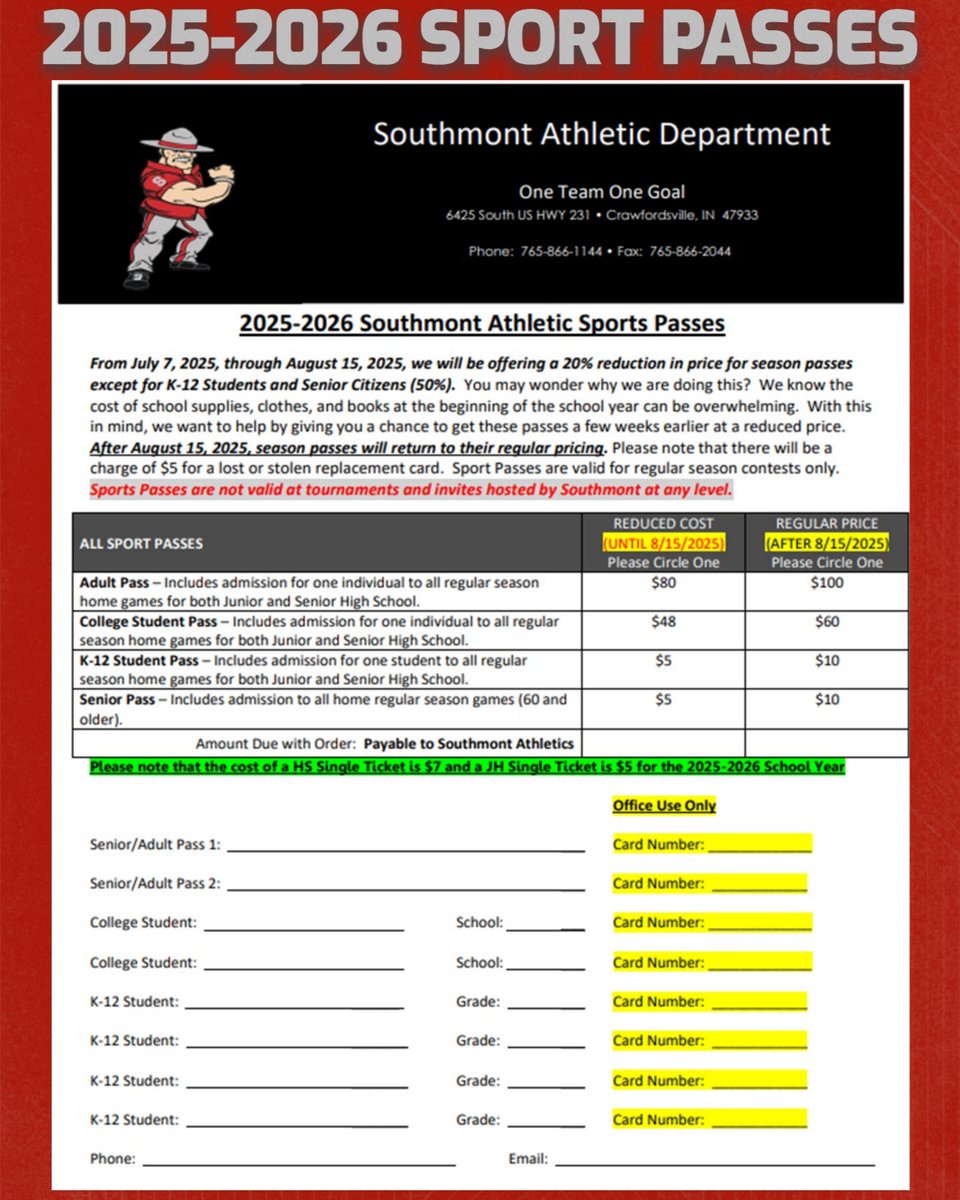2025-2026 Sport Passes go on sale starting July 7.  Passes can be purchased in the athletic office Monday through Thursday from 9am to 5pm from July 7 through Aug 1. Starting on Aug 4, passes can be purchased Monday through Friday 8am to 4:00pm. #ProudToBeAMountie