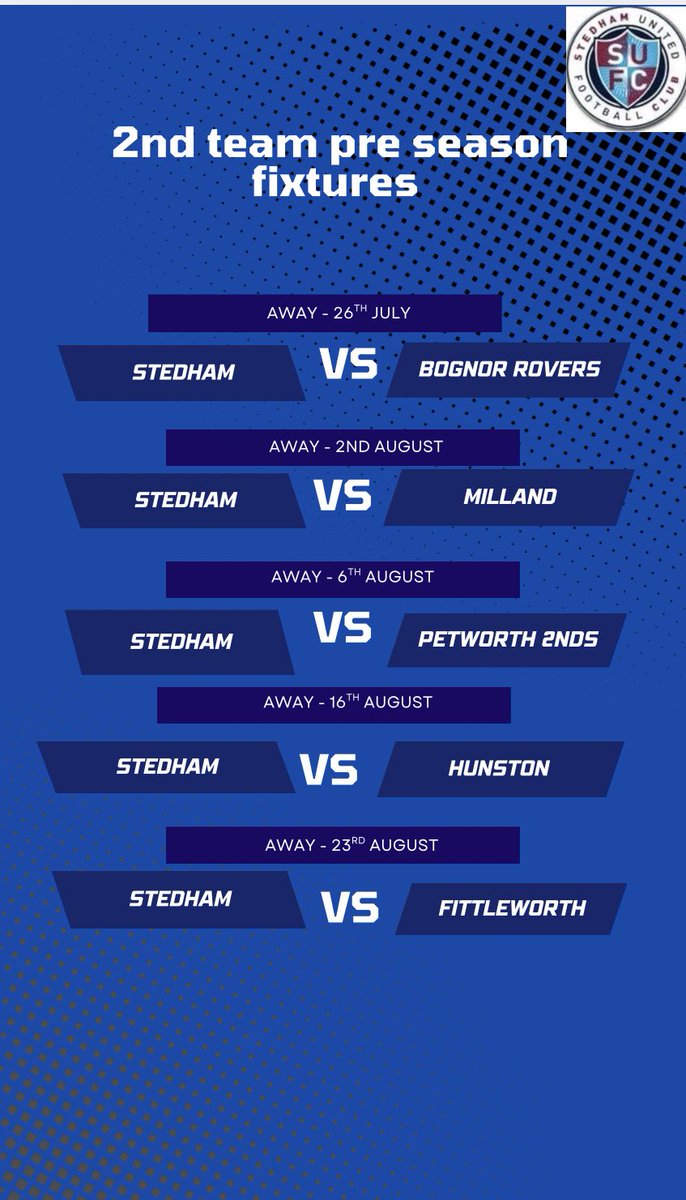 Pre season fixtures are all pencilled in now. We can’t wait to get going again.

We are looking for a referee for a few of these fixtures, so if you are interested, please get in touch.

UP THE STED.

⚽️⚽️⚽️