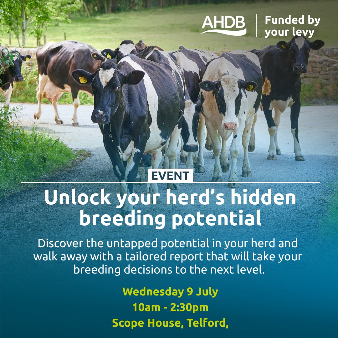On Wednesday 9th July, AHDB are hosting a 'Unlocking your herd's hidden breeding potential' meeting at Holstein UK headquarters, Scope House.

Attendance is open for all, please register your interest in the below link:

ow.ly/wtQQ50W1wOC