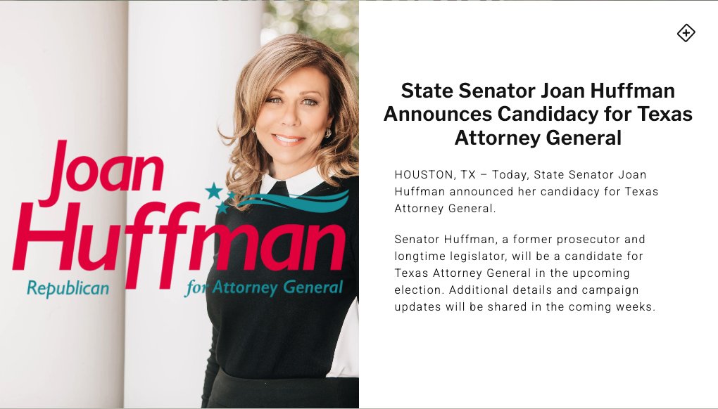 RenzoDowney's tweet image. State Sen. @joanhuffman up with a #TXAG campaign website #txlege