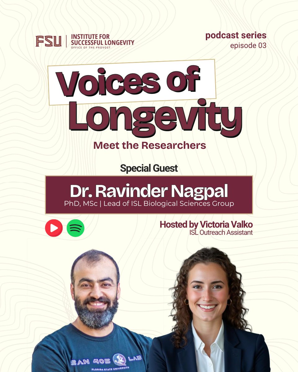 islfsu's tweet image. 🎙️ Episode 03 is live on Spotify and YouTube!
Tune in now:
🎧 YouTube: youtube.com/watch?v=zK2FDB…
🎧 Spotify: spotifycreators-web.app.link/e/Ko97JBksrUb
#FSUISL #VoicesOfLongevity #MicrobiomeResearch #HealthyAging #LongevityScience
