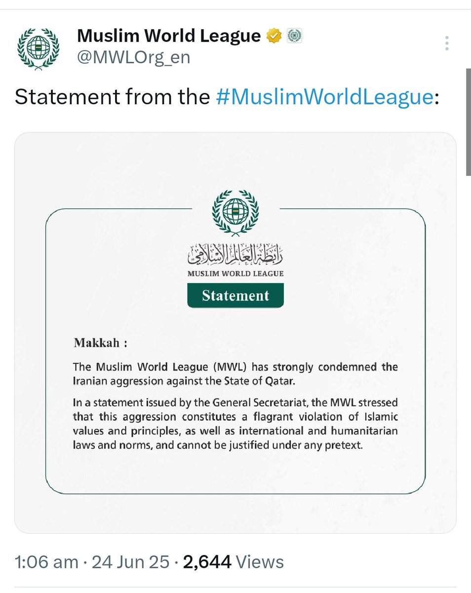 <a href="/MWLOrg_en/">Muslim World League</a> When America attacked Iran's nuclear site, Zionist Muslim World League said

"Expressed its deep concern" but not strongly condemned the USA😂

When Iran attacked US bases,
Zionist Muslim World League said "Strongly condemned Iran"

#IranIsraelConflict
#IranVsIsrael